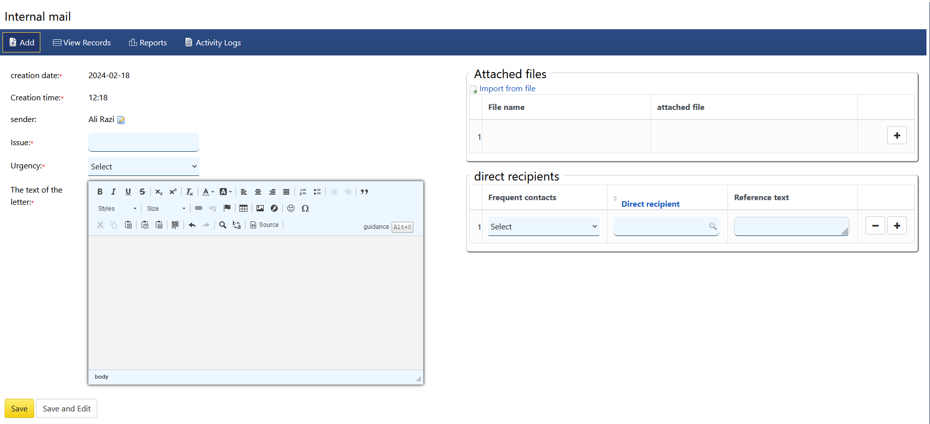 Internal correspondence management system (sending, receiving and handling internal mail)