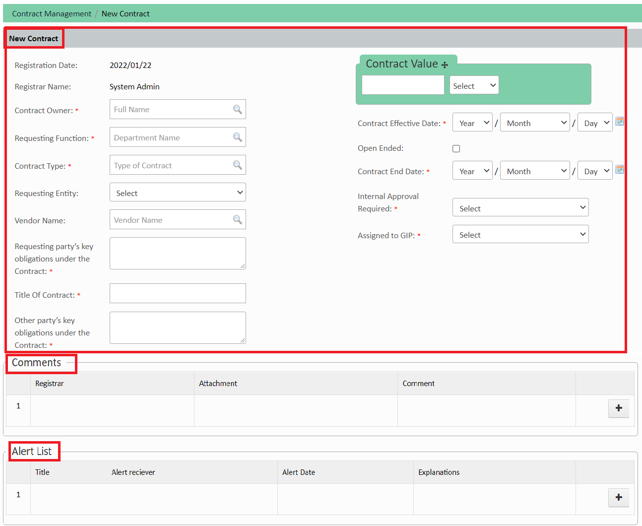 Contract registration form